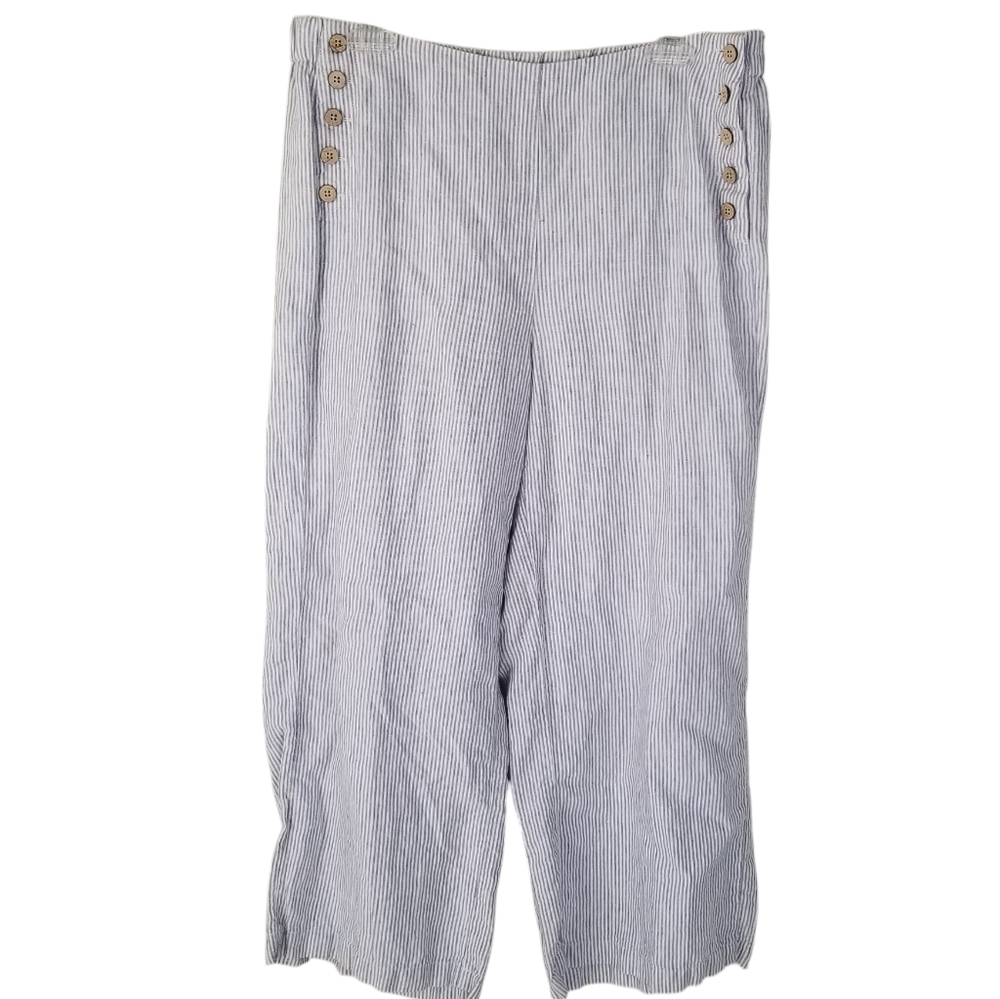 J. Jill 100% Linen Full Leg Sailor Button Crop Pants Blue/White Striped M